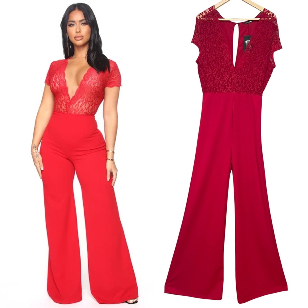 Fashion Nova Lovely Lace Jumpsuit NWT FLAWS Red Wide Leg Large Sheer Bodice